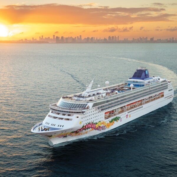 Norwegian Sky aerial with sunset