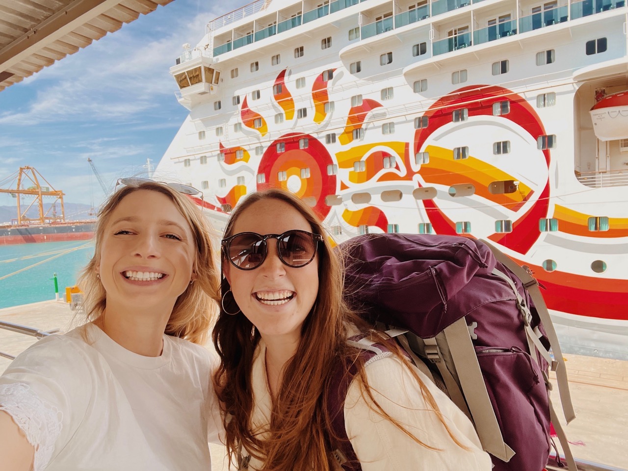 Allie Hubers and Hayley Phillips boarding NCL Sun in Lisbon